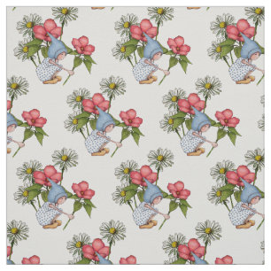 Hand Drawn Gnome Girl with Flowers, Fantasy Art Fabric