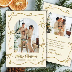 Hand Drawn Gold Bows Arch Photo Merry Christmas Holiday Card