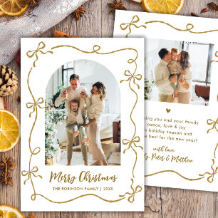 Hand Drawn Gold Bows Arch Photo Merry Christmas Holiday Card