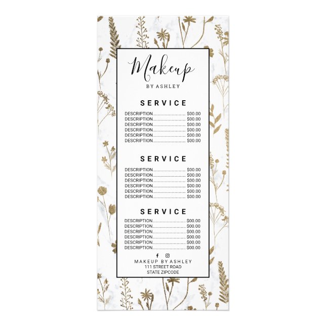 Hand drawn gold cute dried pressed flowers marble rack card (Front)