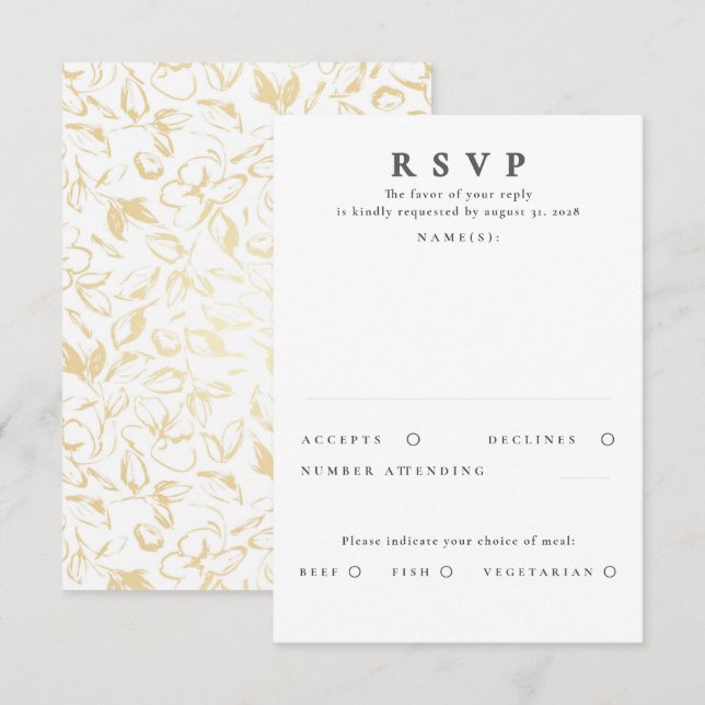 Hand-drawn Gold Floral Pattern Wedding RSVP (Front/Back)