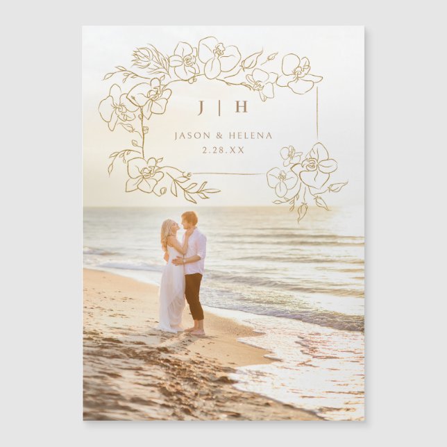 Hand Drawn Gold Floral Save the Date Magnetic Invitation (Front)