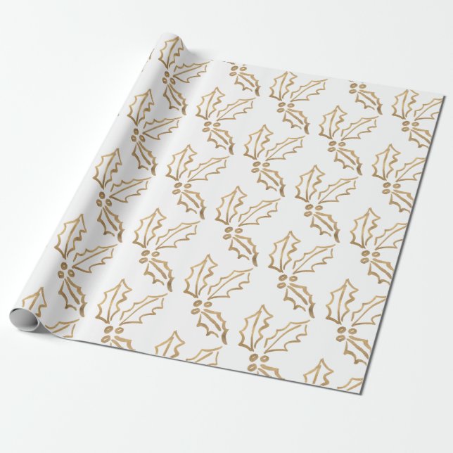 Hand Drawn Gold Foil Holiday Hollies Wrapping Paper (Unrolled)