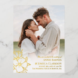 Hand Drawn Gold Foil Lineart Flowers Photo Wedding Invitation Postcard