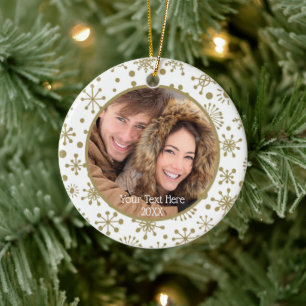 Hand-Drawn Gold Snowflakes, Two Photo, Two Sided Ceramic Ornament