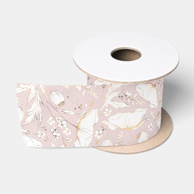 Hand-drawn Gold Wildflowers Elegant Dusty Pink Satin Ribbon (Spool)