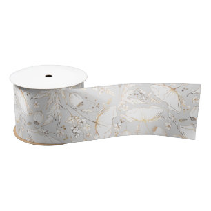 Hand-drawn Gold Wildflowers Elegant Light Grey Satin Ribbon