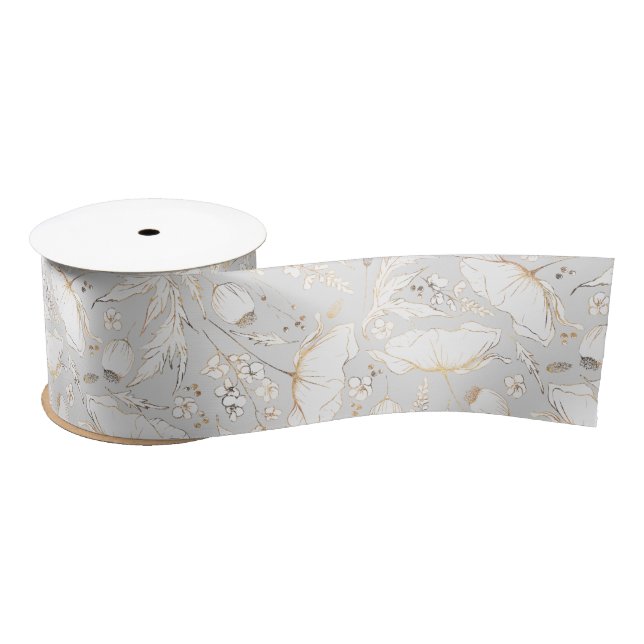 Hand-drawn Gold Wildflowers Elegant Light Grey Satin Ribbon (Spool)