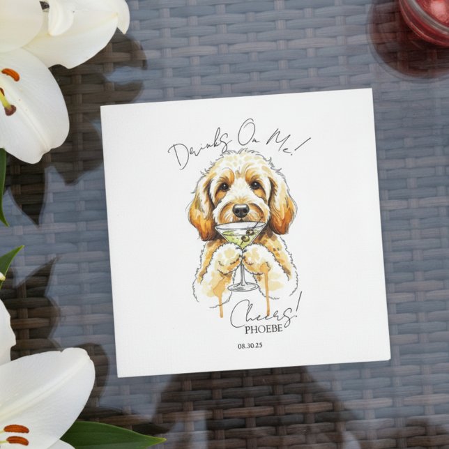 Hand Drawn Golden Doodle Martini Open Bar Cocktail Napkin (Toast your pet with this custom hand drawn golden doodle martini cocktail napkin!)