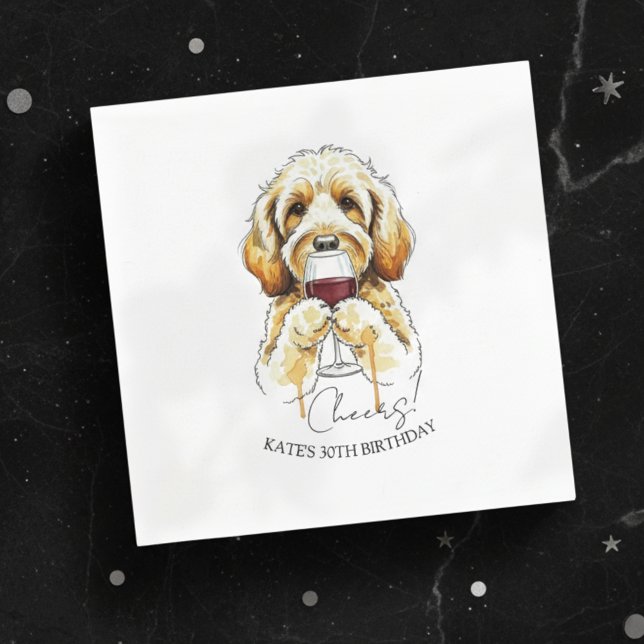Hand Drawn Golden Doodle Red Wine Glass Napkin (Celebrate the occasion with this custom hand drawn golden doodle red wine glass napkin!)