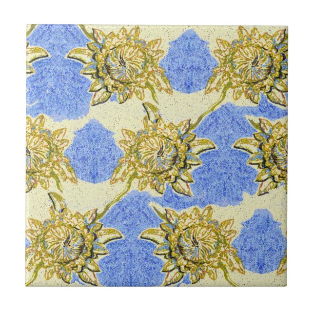Hand Drawn Golden Flowers with blue background Tile (Front)