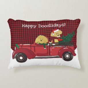 Hand Drawn Goldendoodles Red Christmas Truck Accent Pillow