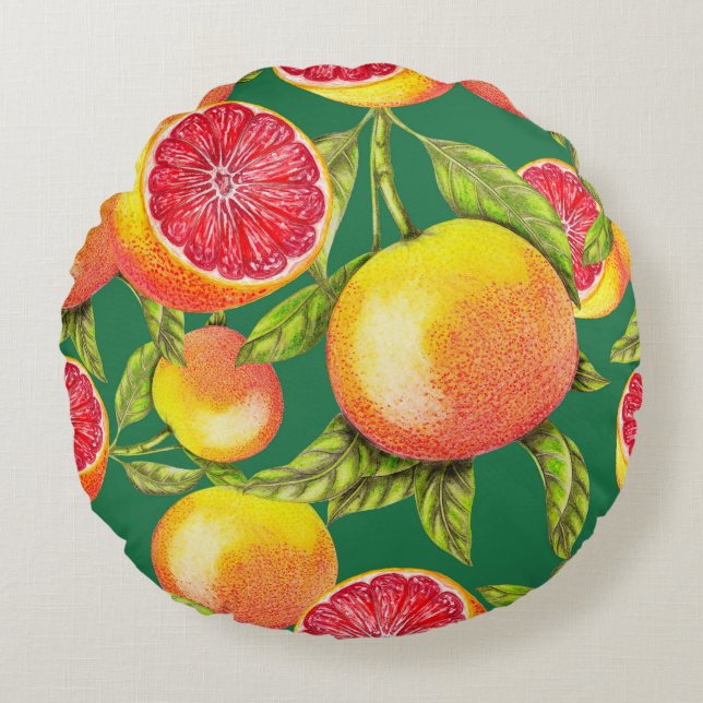 Hand Drawn Grapefruits Seamless Pattern Round Pillow (Front)