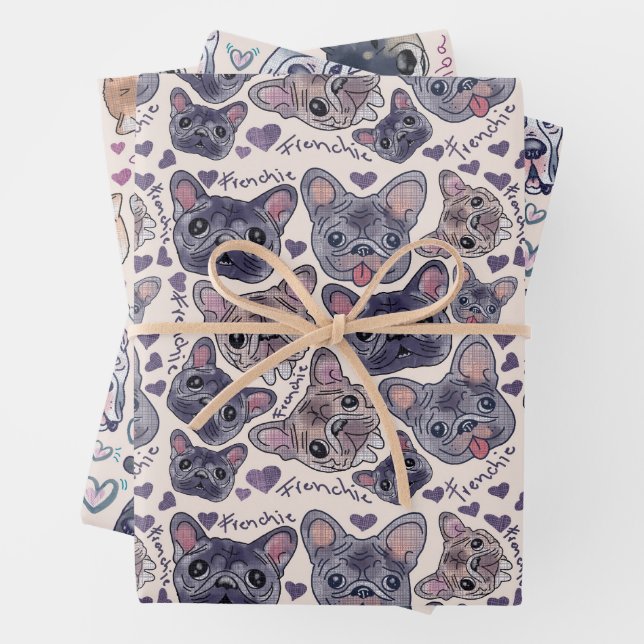 Hand drawn Great Dane, French Bulldog, Shiba Inu Wrapping Paper Sheet (In situ)