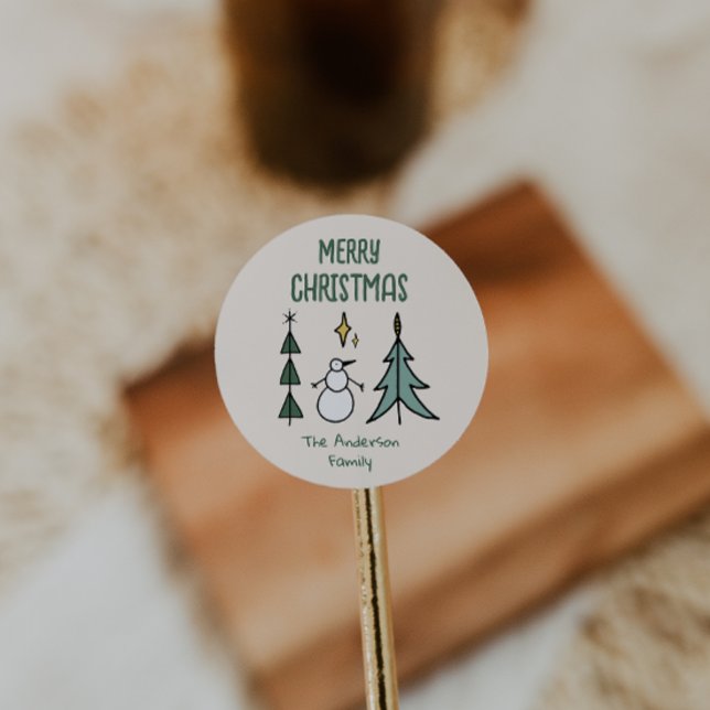 Hand Drawn Green Abstract Christmas Tree Snowman Classic Round Sticker (Creator Uploaded)