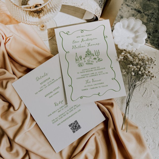 Hand Drawn Green All in One Wedding  Invitation (Creator Uploaded)