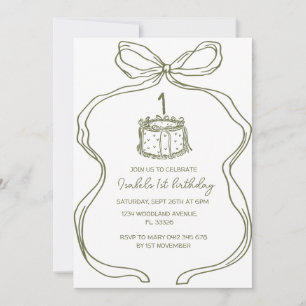 hand drawn green Bow 1st Birthday,vintage cake Invitation