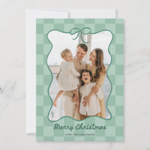 Hand Drawn Green Bow Frame Chequered Photo Holiday Card