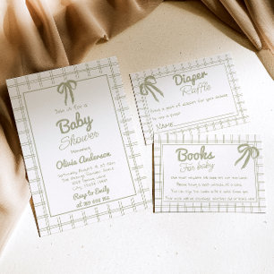 Hand Drawn Green Bow Gingham Neutral Baby Shower Invitation