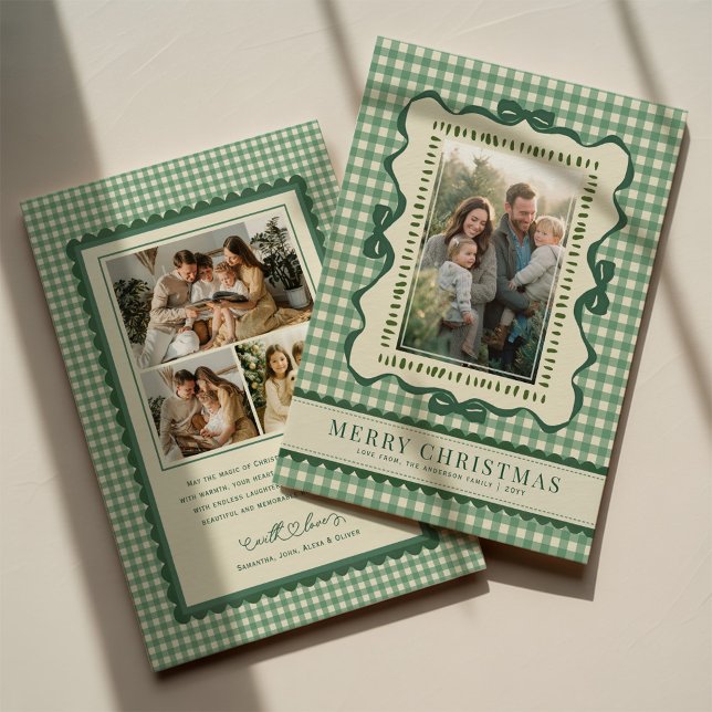 Hand Drawn Green Bow Retro Plaid Christmas Photo Holiday Card (Creator Uploaded)