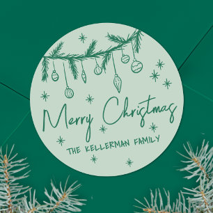 Hand Drawn Green Merry Christmas Classic Round Sticker