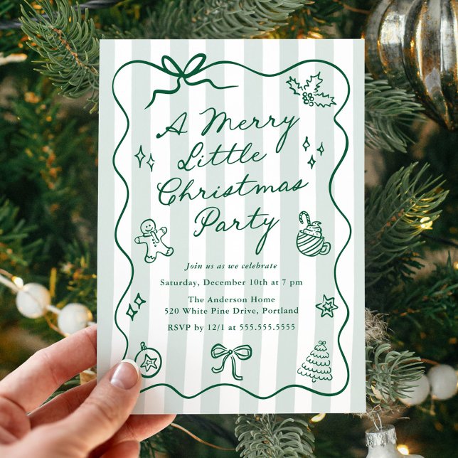 Hand-Drawn Green Merry Little Christmas Party Invitation (Creator Uploaded)