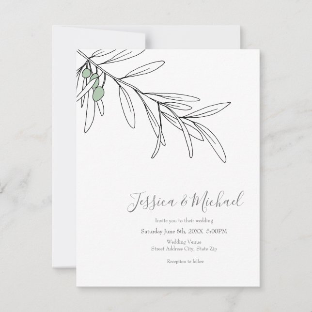Hand Drawn Green Olive Leaves  Invitation (Front)
