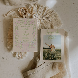 Hand Drawn Green Pink Bow Floral Photo Wedding Save The Date
