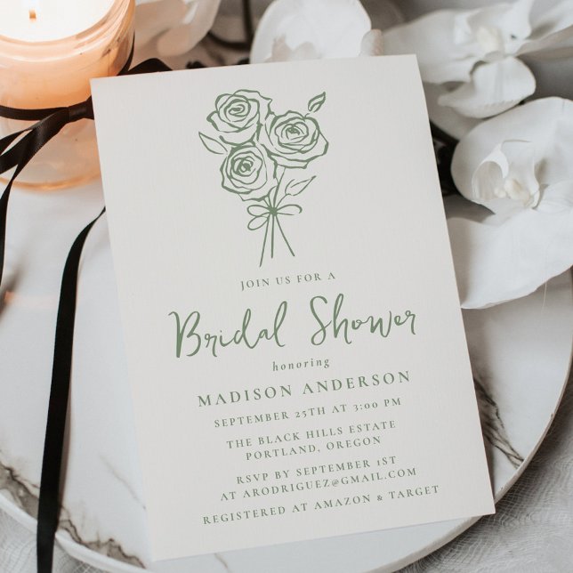 Hand-Drawn Green Rose Bouquet Bridal Shower Invitation (Creator Uploaded)