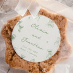 Hand Drawn Green Wedding Classic Round Sticker<br><div class="desc">Personalized Hand Drawn Green Wedding Classic Round Sticker is the perfect touch for a hand drawn wedding, quirky wedding, italian wedding, or old money wedding. These wedding stickers add elegance to any green wedding theme, sage green wedding, sage green wedding theme, or white and green wedding celebration. With a timeless...</div>