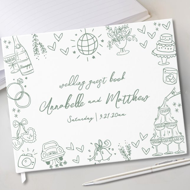 Hand Drawn Green Whimsical Wedding Guest Book (Hand Drawn Green Whimsical Wedding Guest Book)