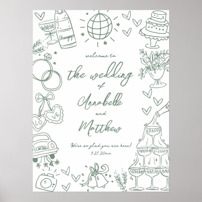 Hand Drawn Green Whimsical Wedding Welcome Sign (Front)