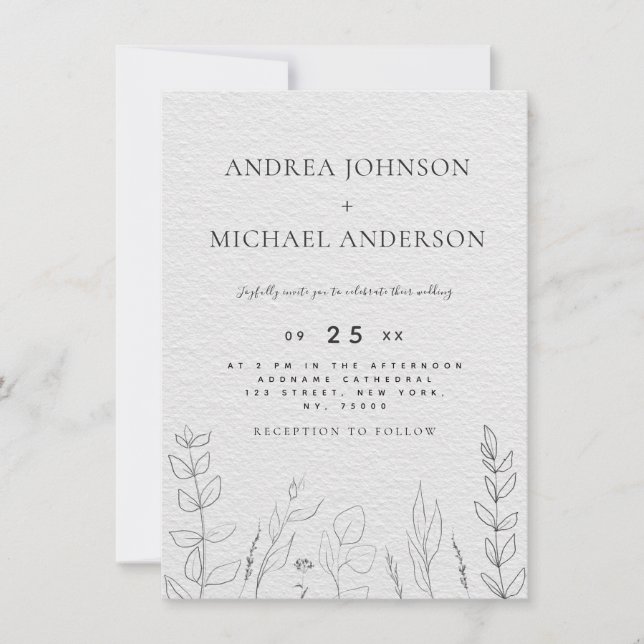 Hand Drawn Greenery Kraft Line Art Black & White Invitation (Front)