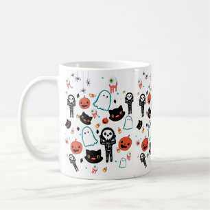 Hand Drawn Halloween Cat Skeleton Ghost Pattern Coffee Mug