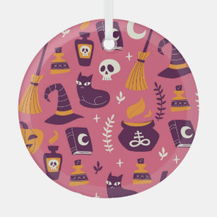 Hand-drawn Halloween, spooky seamless pattern. Glass Ornament