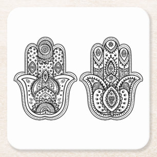 Hand Drawn Hamsa With Ornaments Square Paper Coaster