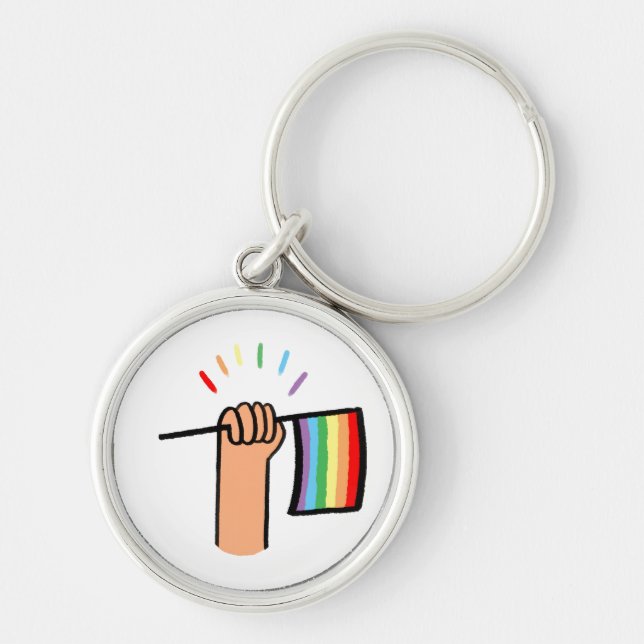 Hand Drawn Hand Waving a Rainbow Flag Keychain (Front)