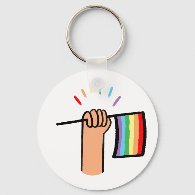 Hand Drawn Hand Waving a Rainbow Flag Keychain (Front)