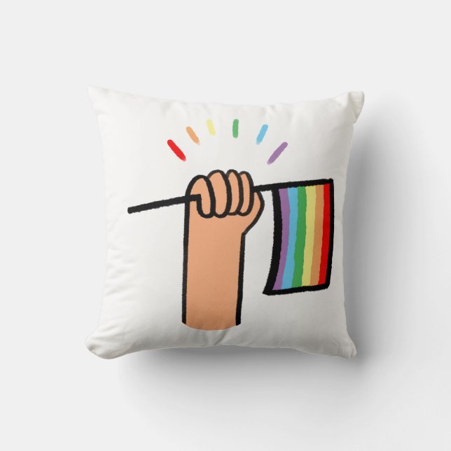 Hand Drawn Hand Waving a Rainbow Flag Throw Pillow (Front)