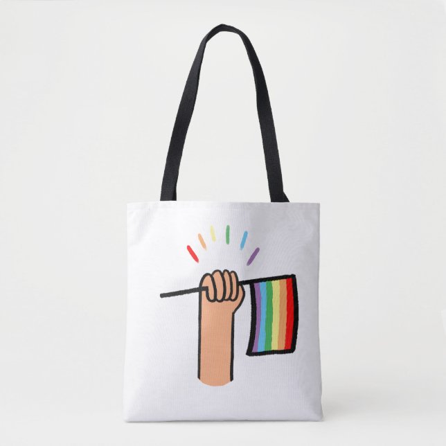 Hand Drawn Hand Waving a Rainbow Flag Tote Bag (Front)