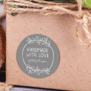 Hand Drawn Handmade With Love Personalized Grey Classic Round Sticker