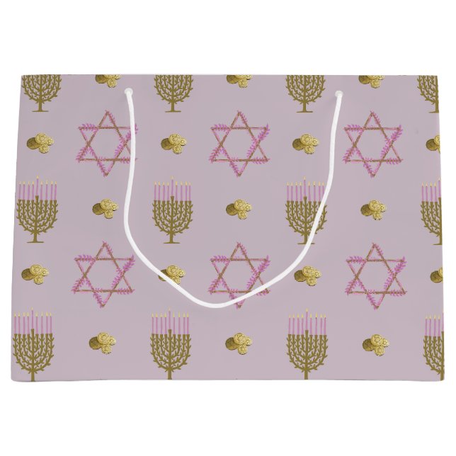 Hand-Drawn Hanukkah Gift Bag - Large Pink (Front)