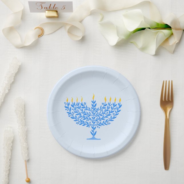 Hand-Drawn Hanukkah Menorah Paper Plates - Blue (Wedding)