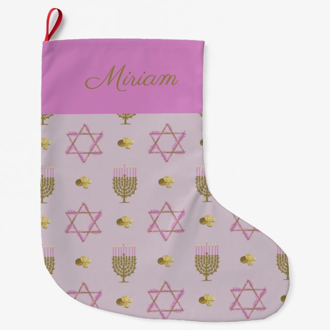 Hand-Drawn Hanukkah Stocking - Multi-Faith Pink (Front)