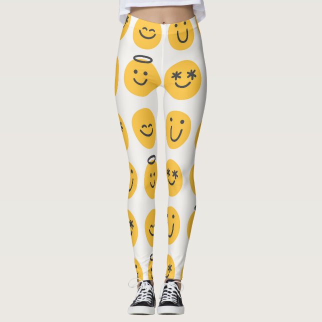 Hand Drawn Happy Emoji Pattern Leggings (Front)