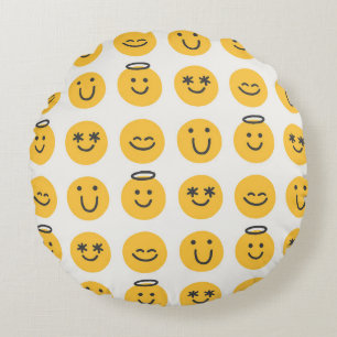 Hand Drawn Happy Emoji Pattern Round Pillow