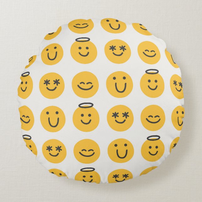 Hand Drawn Happy Emoji Pattern Round Pillow (Front)