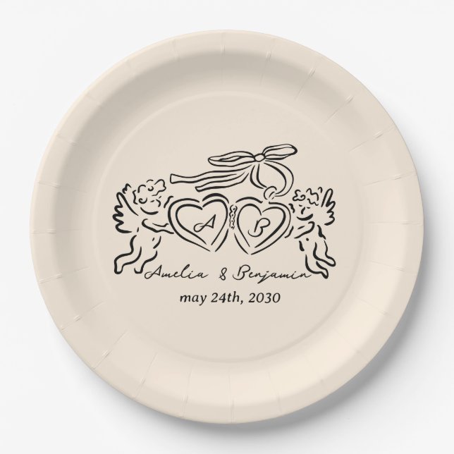 hand drawn heart couple whimsical wedding paper plate (Front)