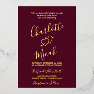 Hand Drawn Heart   Gold Foil Text Burgundy Wedding