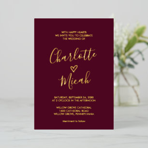 Hand Drawn Heart Gold Foil Text Burgundy Wedding